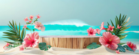 A stylish summer beach podium with a wooden platform set against a backdrop of white sand and turquoise ocean waves. The podium is adorned with tropical palm leaves and vibrant hibiscus flowers, creating a perfect spot for beachside presentations.の素材