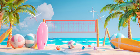 A sporty beach podium with a volleyball net, surfboards, and athletic gear. Use bold, dynamic colors and textures to convey energy and movement.の素材