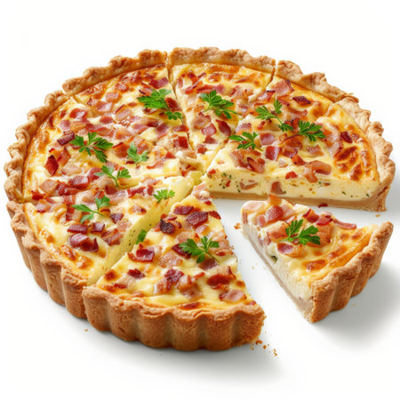 A traditional French quiche Lorraine, a savory tart with a filling of eggs, cream, bacon, and cheese, cut into slices, isolated on white background.の素材