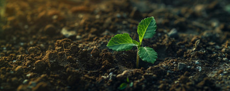 A tiny plant breaking through the soil surface, with its first leaves unfurling. The rich, dark earth provides a stark contrast to the bright green of the seedling, symbolizing hope and renewal.の素材