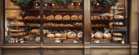A traditional bakery storefront with a large window displaying rows of freshly baked bread loaves. The scene captures the essence of a local bakery, with a welcoming atmosphere and space for text or logo placement on the window.の素材