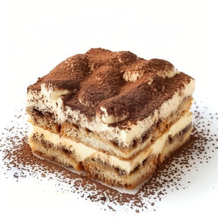 A traditional Italian tiramisu, layers of coffee-soaked ladyfingers and mascarpone cream, dusted with cocoa powder, isolated on white background.の素材