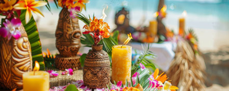 A traditional beach podium with tiki torches, bamboo decorations, and a luau setup. Use rich, tropical colors and natural textures for an authentic island feel.の素材