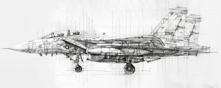 A technical drawing of a fighter jet, highlighting its aerodynamic shape, missile attachments, and jet engines. The white background allows the intricate details and technological advancements to stand out.の素材