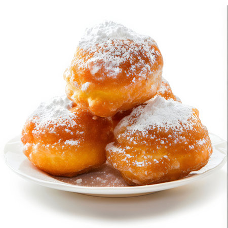 A traditional Italian zeppole, deep-fried donuts dusted with powdered sugar, isolated on white background.の素材