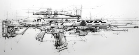 A technical sketch of an assault rifle, detailing its stock, barrel, and magazine. The white background emphasizes the weapon's precision and mechanical complexity.の素材