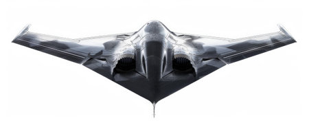 A technical sketch of a stealth bomber, showcasing its sleek design, radar-absorbing materials, and weapon bays. The white background highlights the aircraft's advanced technology and stealth features.の素材