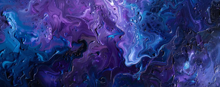 A vibrant mix of liquid acrylic paint in deep blues and purples, creating a dynamic, swirling texture. The colors flow and merge, forming intricate patterns and vibrant contrasts.の素材