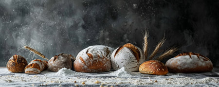 A variety of bread, including sourdough and rye, spread out on a flour-dusted surface. The background is a dark, rustic wall with significant copy space, emphasizing the bread's texture.の素材