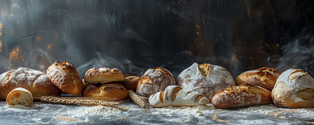 A variety of bread types, including ciabatta and rye, spread out on a flour-dusted surface. The background is a dark, rustic wall with significant copy space.の素材