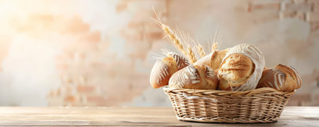 A variety of bread rolls and baguettes in a wicker basket on a wooden counter. The background is a bright, clean wall with plenty of space for copy, creating a fresh, inviting scene.の素材