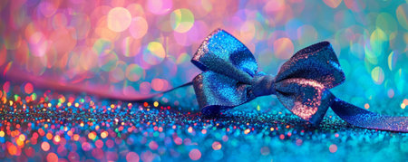 A vibrant blue ribbon bow on a multicolored glitter background. The bold color contrasts beautifully with the dynamic, sparkling backdrop.の素材