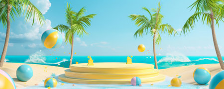 A vibrant beach podium with a bright blue and yellow design, set on a sunny beach with palm trees swaying in the breeze. The podium features beach balls and sandcastle decorations, perfect for a fun summer event.の素材