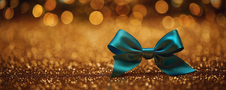 A vibrant turquoise ribbon bow on a gold glitter background. The bold colors and sparkling texture create a lively and festive look.の素材