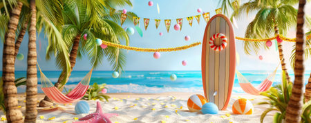 A whimsical beach podium designed like a giant surfboard, set on a sandy beach with palm trees and hammocks in the background. The podium is decorated with leis and beach balls, creating a fun, summery vibe.の素材