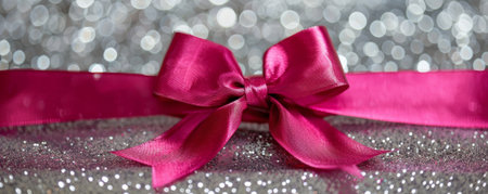 A vibrant magenta ribbon bow on a silver glitter background. The bold color and sparkling texture create a striking and modern look.の素材