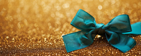 A vibrant turquoise ribbon bow on a gold glitter background. The bold colors and sparkling texture create a lively and festive look.の素材