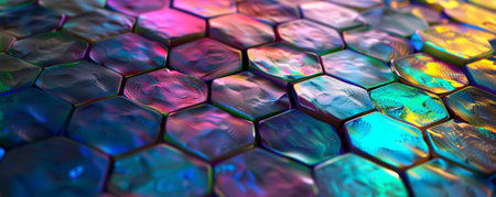 Abstract iridescent background design, 3d render, featuring a hexagonal, honeycomb pattern. The iridescent cells reflect different colors, creating a vibrant and dynamic mosaic.の素材