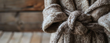 A warm wool robe in earthy tones, tied with a rustic knot. The natural colors and the knot's casual style create a feeling of rustic charm and comfort.の素材