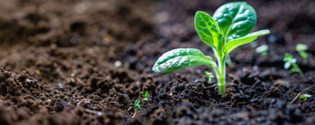A vibrant seedling emerging from the soil, with small leaves reaching upward. The dark, fertile soil provides a backdrop that emphasizes the plant's freshness and growth.の素材