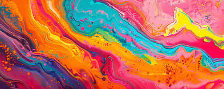 A vibrant mix of liquid acrylic paint in neon colors, creating a lively, swirling texture. The bright colors flow and merge, forming intricate patterns and striking contrasts.の素材
