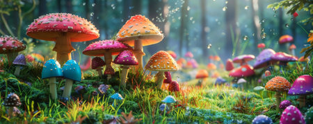 A whimsical scene with mushrooms of different colors and shapes growing in a circular pattern on a grassy forest floor. The vibrant hues and playful arrangement create a fairy tale-like atmosphere.の素材
