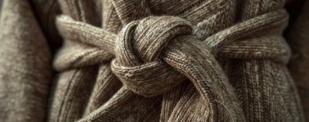 A warm wool robe in earthy tones, tied with a rustic knot. The natural colors and the knot's casual style create a feeling of rustic charm and comfort.の素材