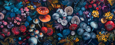 A whimsical forest floor covered with a variety of colorful mushrooms, from bright reds to deep blues. The vibrant colors and playful arrangement create a fairy tale-like atmosphere.の素材