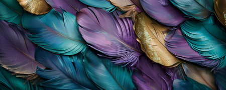 A whimsical background of multi-colored feathers in shades of purple, teal, and gold, arranged in a circular pattern. The vibrant hues and playful arrangement create a fairy tale-like atmosphere.の素材