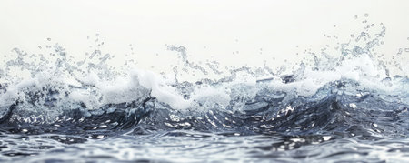A wave cresting and splashing, with water droplets suspended in mid-air, isolated against a white background. The detail captures the fluidity and movement of the wave.の素材