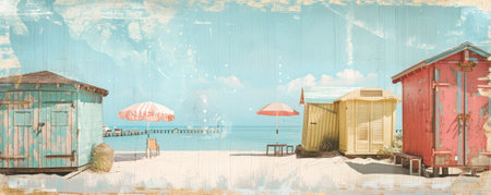 A vintage-inspired beach podium with a backdrop of retro beach huts and parasols. Use muted colors and weathered textures for a nostalgic feel.の素材