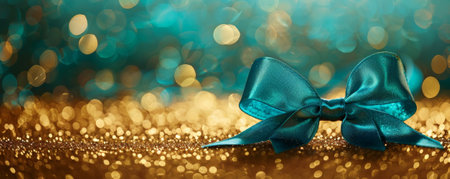 A vibrant turquoise ribbon bow on a gold glitter background. The bold colors and sparkling texture create a lively and festive look.の素材