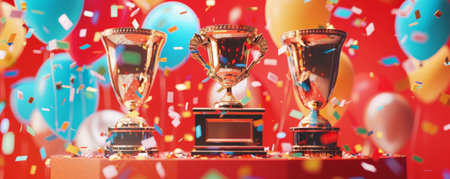 A winner's podium with gold, silver, and bronze trophies, surrounded by confetti and balloons. The festive atmosphere highlights the joy of winning.の素材