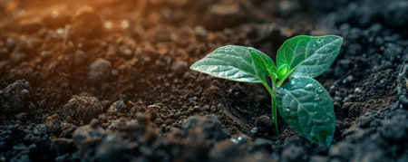 A vibrant seedling pushing through the soil, with small leaves glistening in the light. The dark, fertile earth provides a backdrop that emphasizes the plant's new life.の素材