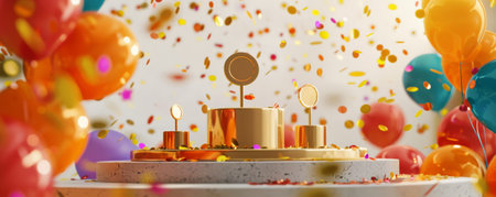 A winner's podium with gold, silver, and bronze medals, surrounded by confetti and balloons. The festive atmosphere highlights the joy of winning.の素材