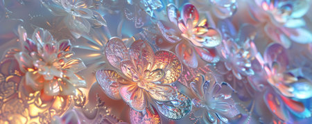 Abstract iridescent background design, 3d render, featuring intricate, lace-like patterns with a metallic, rainbow sheen. The delicate design shimmers with a myriad of colors, creating a luxurious and elegant look.の素材