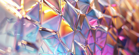 Abstract iridescent background design, 3d render, showing a crystalline, lattice structure. The iridescent surfaces catch the light, creating a stunning interplay of shifting colors and reflections.の素材