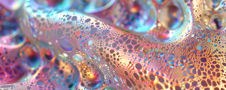 Abstract iridescent background design, 3d render, featuring intricate, lace-like patterns with a metallic, rainbow sheen. The delicate design shimmers with a myriad of colors, creating a luxurious and elegant look.の素材