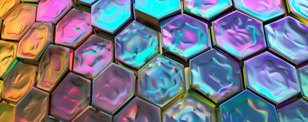Abstract iridescent background design, 3d render, featuring a honeycomb pattern with an iridescent finish. The hexagonal cells reflect different colors, creating a vibrant and dynamic mosaic.の素材