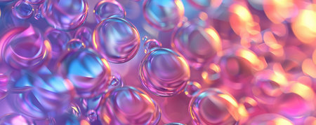 Abstract iridescent background design, 3d render, with a kaleidoscope of overlapping circles. The iridescent finish gives each circle a unique, glowing color that changes with the viewing angle, creating a dynamic, holographic effect.の素材