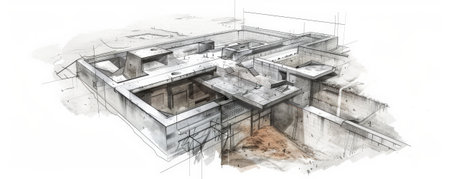 An architectural sketch of a military bunker, displaying reinforced walls, underground passages, and strategic defense points. The white background highlights the structure's robustness and functionality.の素材