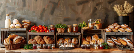 An artisan bakery counter with a variety of breads, including crusty baguettes and whole grain loaves. The backdrop features wooden crates filled with fresh produce and jars of homemade jams, offering a rustic and wholesome appeal.の素材