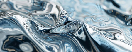 An abstract background featuring swirling liquid mercury, with its characteristic silvery hue and fluid, reflective surface creating hypnotic patterns.の素材