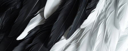 An elegant background featuring a variety of black and white feathers arranged in a diagonal pattern. The contrast between the light and dark tones creates a sophisticated look.の素材