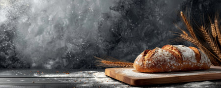 Freshly baked whole wheat bread on a wooden cutting board with a scattering of flour. The background is a plain, dark wall with ample copy space, emphasizing the bread's rustic appeal.の素材