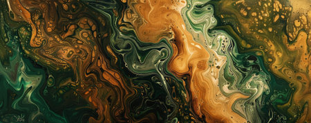 Liquid acrylic paint in earthy tones of brown and green, forming a natural, swirling texture. The colors merge and separate, creating intricate patterns and rich contrasts.の素材