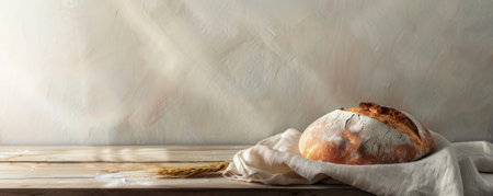 Freshly baked bread on a wooden table with a rustic linen cloth. The background is a simple, light-colored wall with plenty of room for copy, highlighting the bread's texture and warmth.の素材