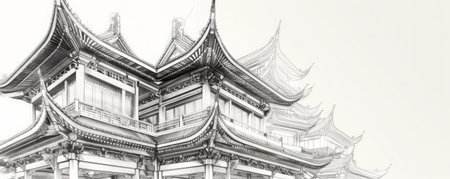 An architectural sketch of a traditional Chinese pagoda, with layered roofs, intricate woodwork, and curved eaves. The white background highlights the cultural and historical significance of the design.の素材