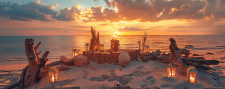 An elegant summer beach podium made of driftwood, set against a stunning sunset over the ocean. The podium is surrounded by lanterns and tiki torches, creating a warm and inviting atmosphere for evening events.の素材