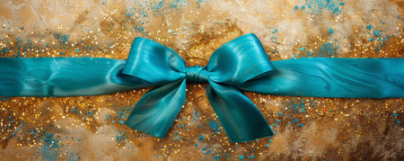 A vibrant turquoise ribbon bow on a gold glitter background. The bold colors and sparkling texture create a lively and festive look.の素材